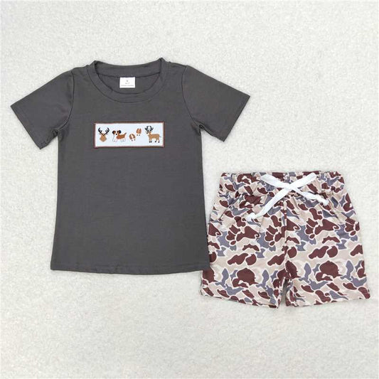 RTS NO MOQ Baby Boys kids Summer Sets BSSO0969 Elk Puppy Charcoal Grey Short Sleeve Camouflage Shorts Set