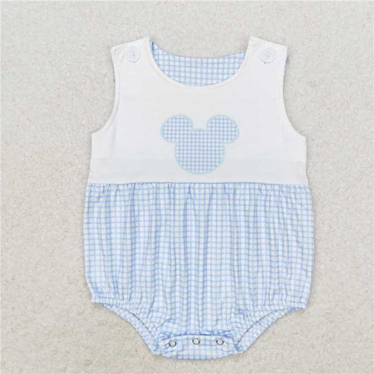 6.6 RTS NO MOQ Baby Boys Summer Bodysuit SR1534 Blue Plaid Mouse Sleeveless Rompers