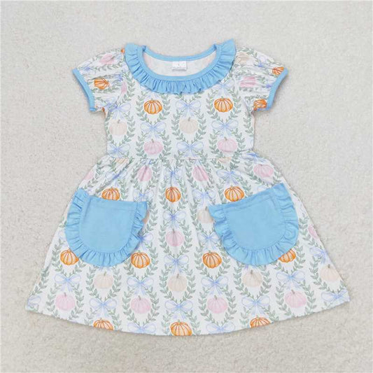 7.22 RTS NO MOQ Summer Baby Girls Dresses GSD1269 Fall Pumpkin Leaves Pockets Knee Length Dresses