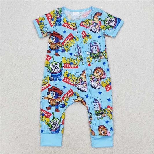 6.6 RTS NO MOQ Baby Boys Summer Bodysuit SR1723 Dogs Blue Short Sleeve Zip Bamboo Rompers