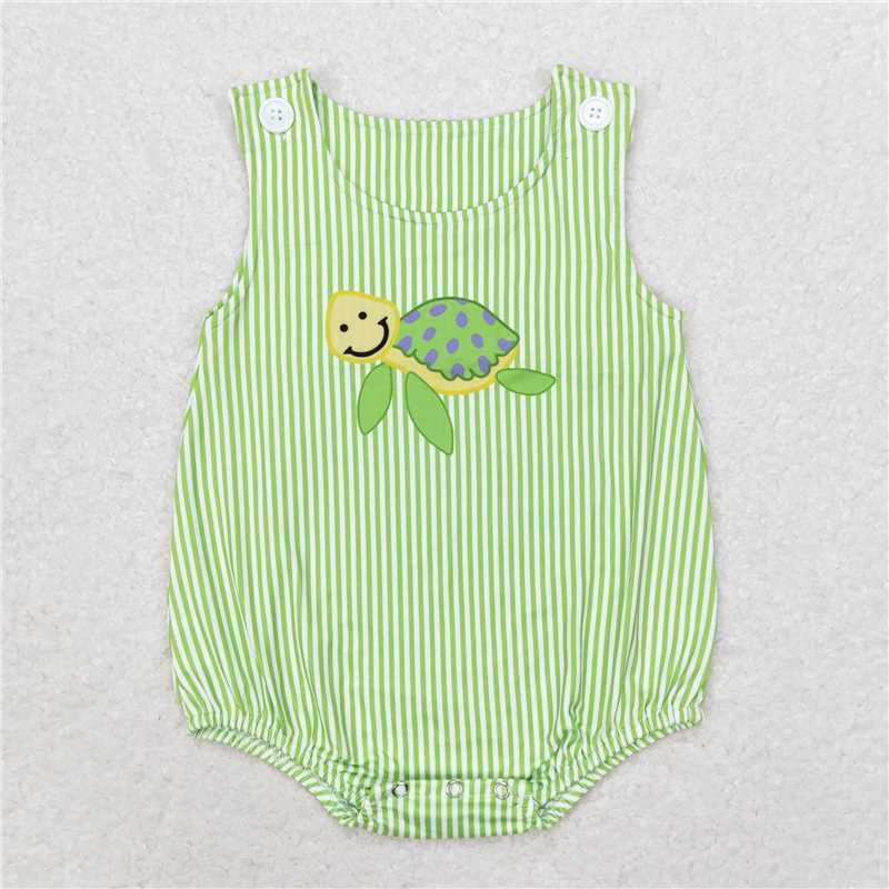 6.6 RTS NO MOQ Baby Boys Summer Bodysuit SR1093 Green Stripes Turtle Sleeveless Summer Rompers