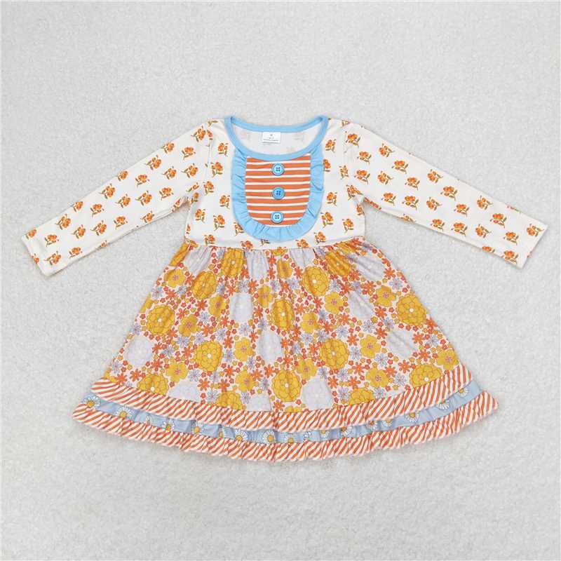 6.12 RTS NO MOQ Baby Girls Long Sleeve GLD0531 Fall Pumpkin Ruffle Long Sleeve Knee Length Dresses