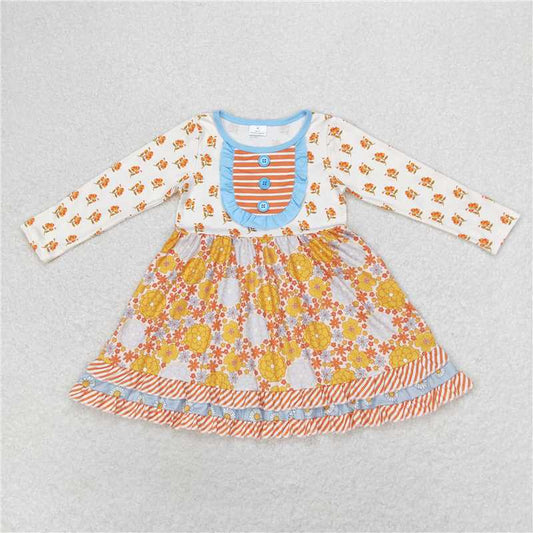 6.12 RTS NO MOQ Baby Girls Long Sleeve GLD0531 Fall Pumpkin Ruffle Long Sleeve Knee Length Dresses