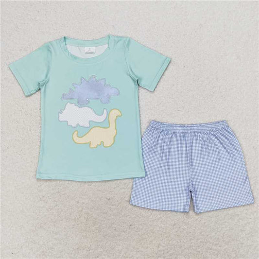 RTS NO MOQ Baby Boys kids Summer sets BSSO0920 Dinosaur Teal Short Sleeve Plaid Shorts Set