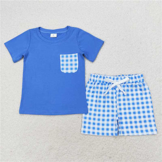 RTS NO MOQ Baby Boys kids Summer sets BSSO0865 Blue plaid pocket short-sleeved shorts set