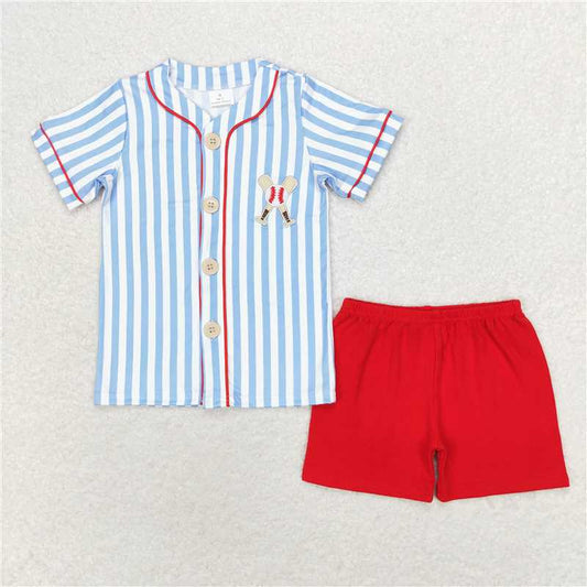 RTS NO MOQ Baby Boys kids Summer Sets BSSO0800 Baseball blue striped short sleeve red shorts set