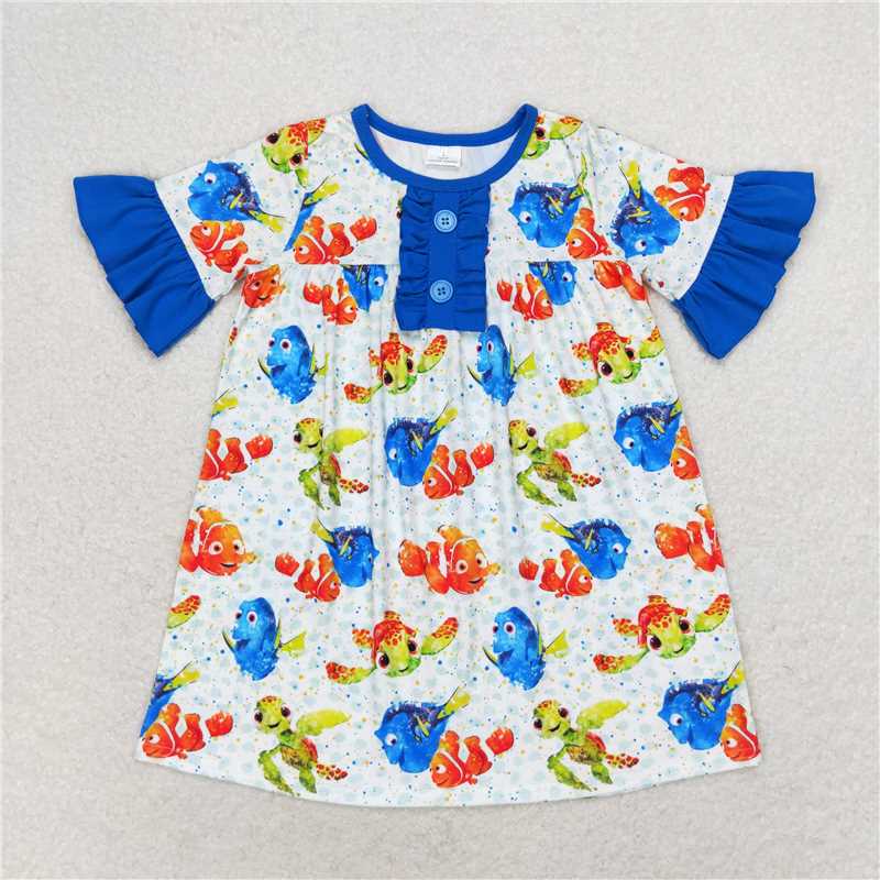 GSD1312 Baby Girls Fish Turtle Ruffle Pockets Knee Length Dresses