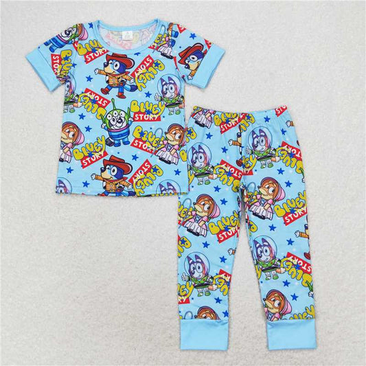 RTS NO MOQ Baby Boys Summer Sets BSPO0376 Blue Short Sleeve Shirt Pants Pajamas Clothes Sets