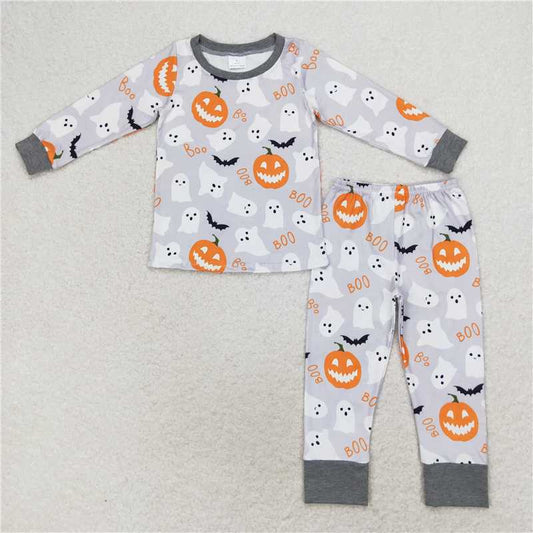 BLP0476 Baby Boys Grey Ghost Pumpkin Shirt Pants Pajamas Clothes Sets