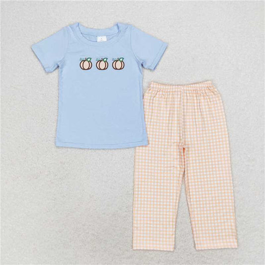 RTS NO MOQ Baby Boys Summer Sets BSPO0371 Blue Short Sleeve Pumpkins Shirt Pants Clothes Sets