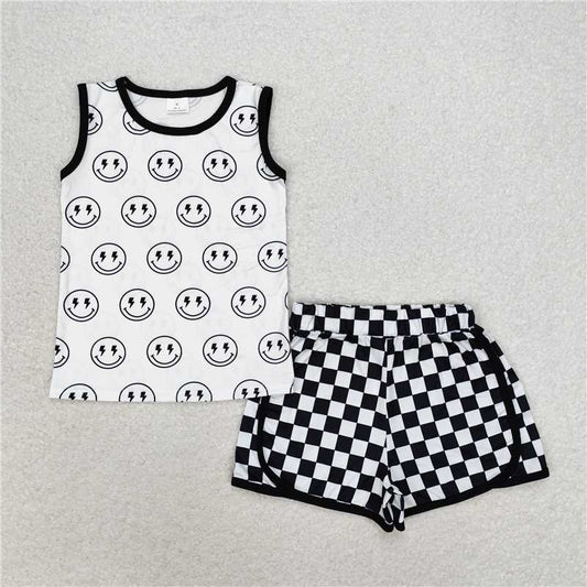 RTS NO MOQ Baby Boys kids Summer sets BSSO0972 Sleeveless Black and White Plaid Shorts Set