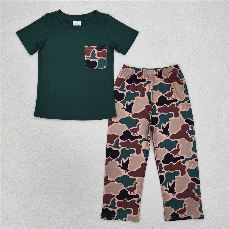 RTS NO MOQ Baby Boys Summer Sets BSPO0413 Dark Green Pocket Top Duck Camo Pants Clothes Sets
