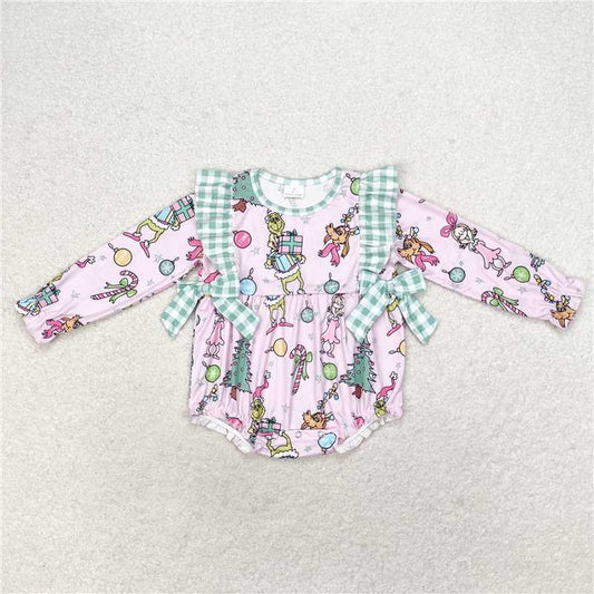 7.26 RTS NO MOQ Baby Girls Bodysuit LR0998 Pink Christmas Face Bows Rompers