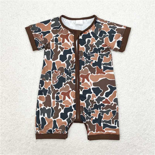 6.6 RTS NO MOQ Baby Boys Summer Bodysuit SR0666 Short Sleeve Brown Camo Hunting Rompers