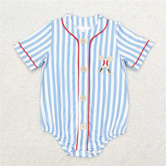 6.27 RTS NO MOQ Baby Boys Summer Bodysuit SR1459 Blue Stripes Baseball Summer Rompers
