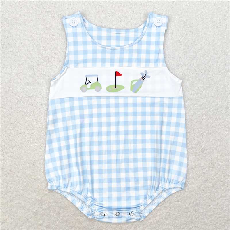 6.6 RTS NO MOQ Baby Boys Summer Bodysuit SR1176 Golf Blue Checkered Sleeveless Rompers