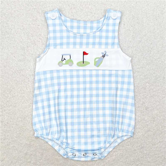 6.6 RTS NO MOQ Baby Boys Summer Bodysuit SR1176 Golf Blue Checkered Sleeveless Rompers