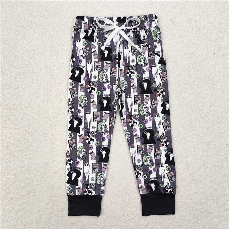 RTS NO MOQ Baby Girls Long Pants P0480 Halloween Black Stripes Ghost Pants