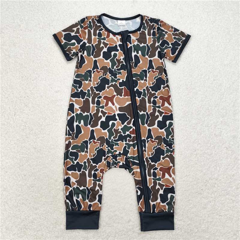 6.6 RTS NO MOQ Baby Boys Summer Bodysuit SR1899 Brown Camo Zip Bamboo Rompers