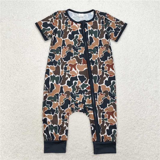 6.6 RTS NO MOQ Baby Boys Summer Bodysuit SR1899 Brown Camo Zip Bamboo Rompers