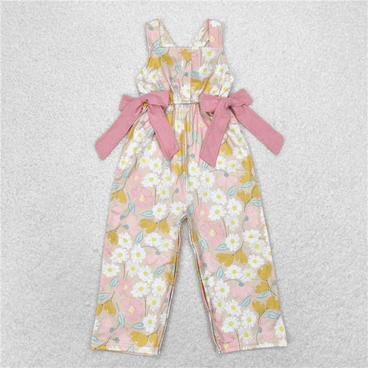 RTS NO MOQ Summer Baby Girls Bodysuit SR1674 Pink Flowers Straps Bows Long Pants Jumpsuits