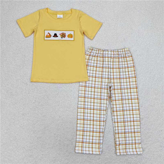 RTS NO MOQ Baby Boys Summer Sets BSPO0433 Thanksgiving Turkey Shirt Checkered Pants Clothes Sets