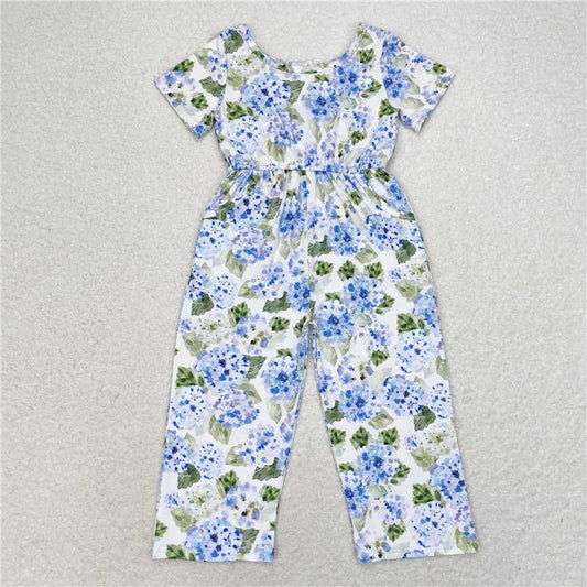 RTS NO MOQ Summer Baby Girls Bodysuit SR1846 Blue Flowers Short Sleeve Pockets Pants Jumpsuits