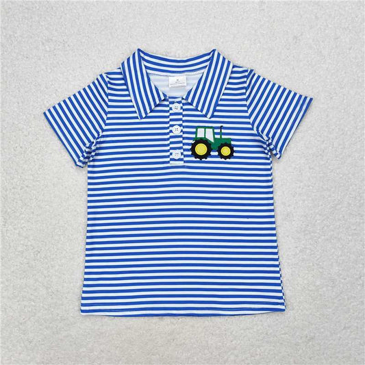 5.21  RTS NO MOQ Summer Baby Boys Shirt BT0689 Stripes Tractor Short Sleeve Buttons Tee Shirts Tops