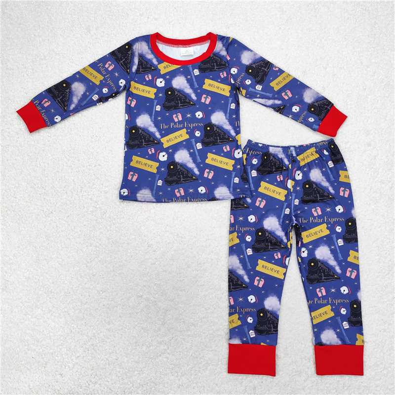 BLP0544 Baby Boys Christmas Train Tee Shirt Pants Pajamas Clothes Sets