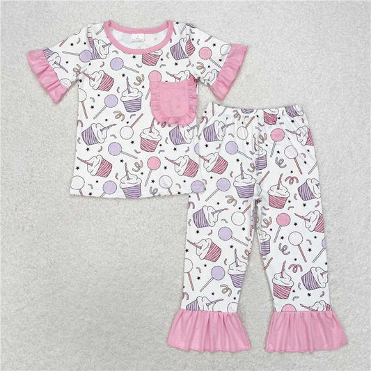 GSPO1575 Baby Girls Cup Cake Pockets Tops Pants Pajamas Clothes Sets