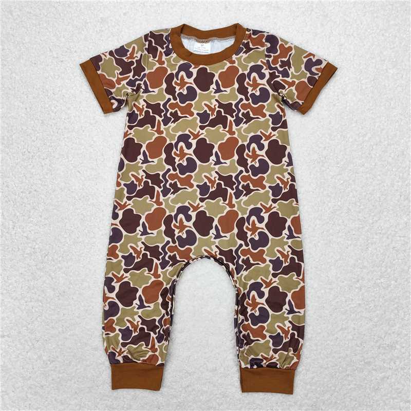 6.6 RTS NO MOQ Baby Boys Summer Bodysuit SR1814 Duck Dark Brown Camo Short Sleeve Rompers