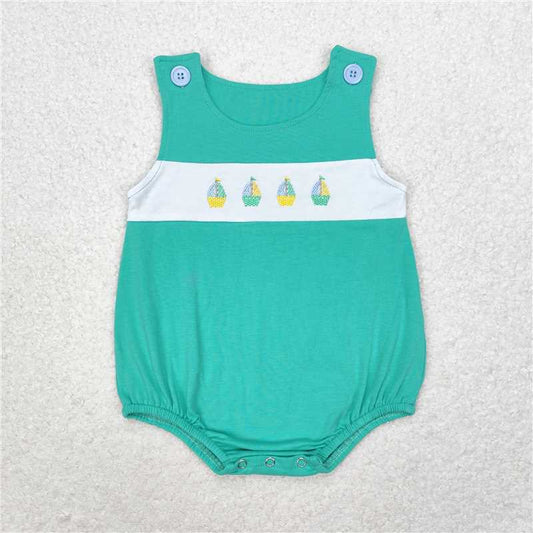 6.27 RTS NO MOQ Baby Boys Summer Bodysuit SR1581 Summer Green Boats Sleeveless Rompers
