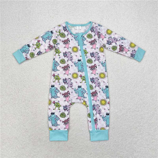7.7 RTS NO MOQ Baby Boys Bodysuit LR0988 Monster Blue Checkered Zip Bamboo Rompers