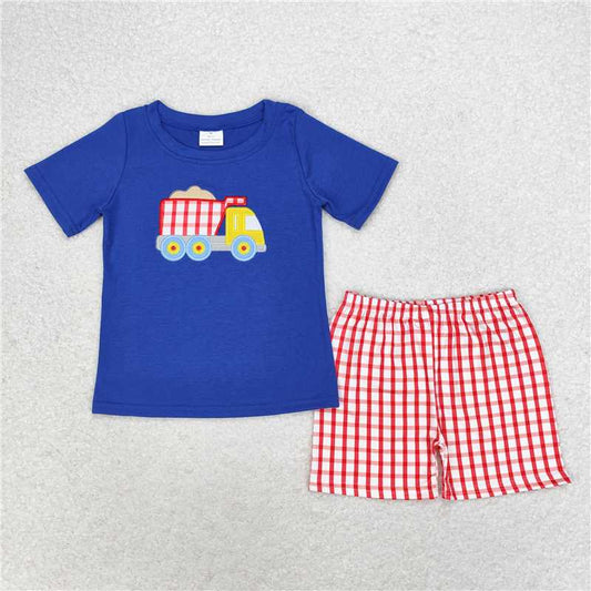 RTS NO MOQ Baby Boys kids Summer Sets BSSO0857 Sand Transport Truck Navy Blue Short Sleeve Red Plaid Shorts Suit