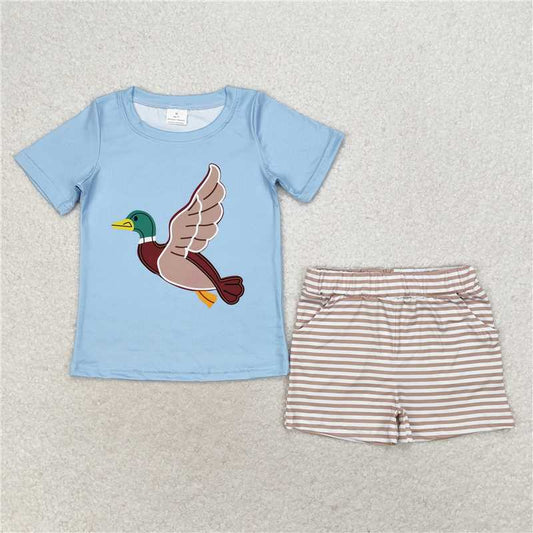 RTS NO MOQ Baby Boys kids Summer sets BSSO0970 Duck Blue Short Sleeve Striped Shorts Set