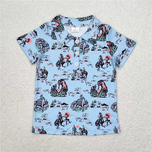RTS NO MOQ Summer Baby Boys Shirt BT0661 Rodeo Buttons Blue Short Sleeve Tee Shirts Tops