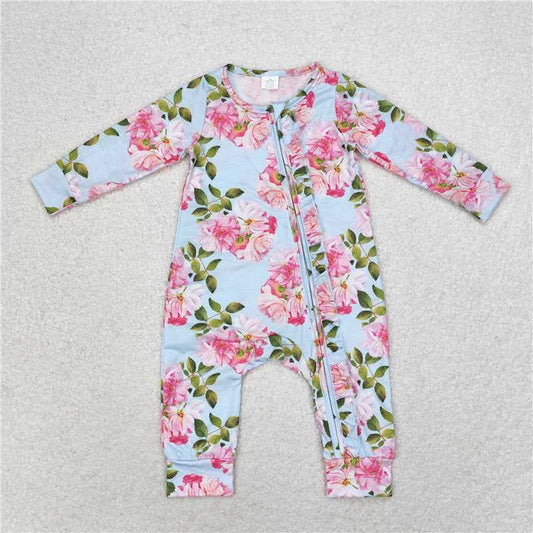 7.12 RTS NO MOQ Baby Girls Bodysuit LR0880 Spring Blue Flowers Long Sleeve Rompers