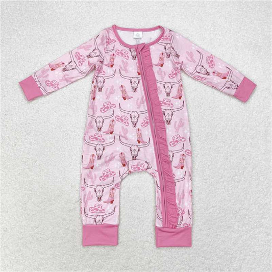 7.12 RTS NO MOQ Baby Girls Bodysuit LR0689 Cow Skull Pink Ruffle Zippy Long Sleeve Bamboo Rompers
