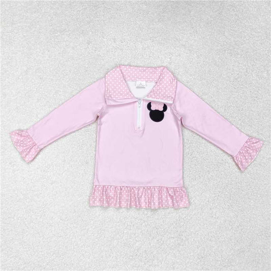 RTS NO MOQ Baby Girls Long Sleeve GT0602 Pink Bow Polka Dots Zip Tee Shirts Tops
