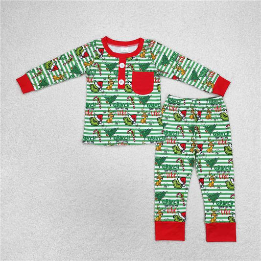 BLP0507 Baby Boys Christmas Green Face Pocket Shirt Pants Pajamas Clothes Sets