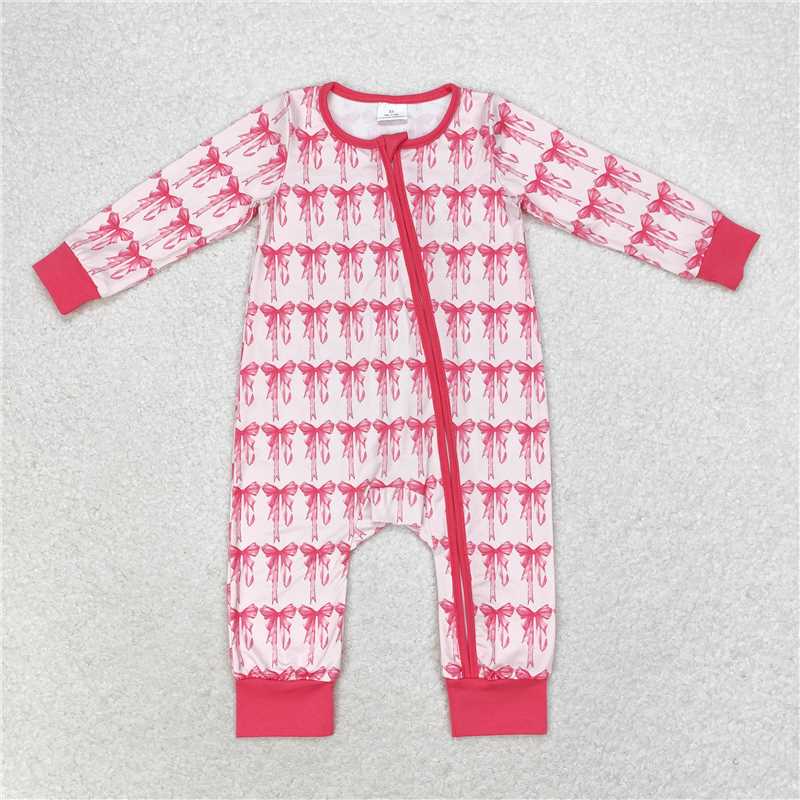 7.12 RTS NO MOQ Baby Girls Bodysuit LR1035 Pink Bows Zip Long Sleeve Rompers