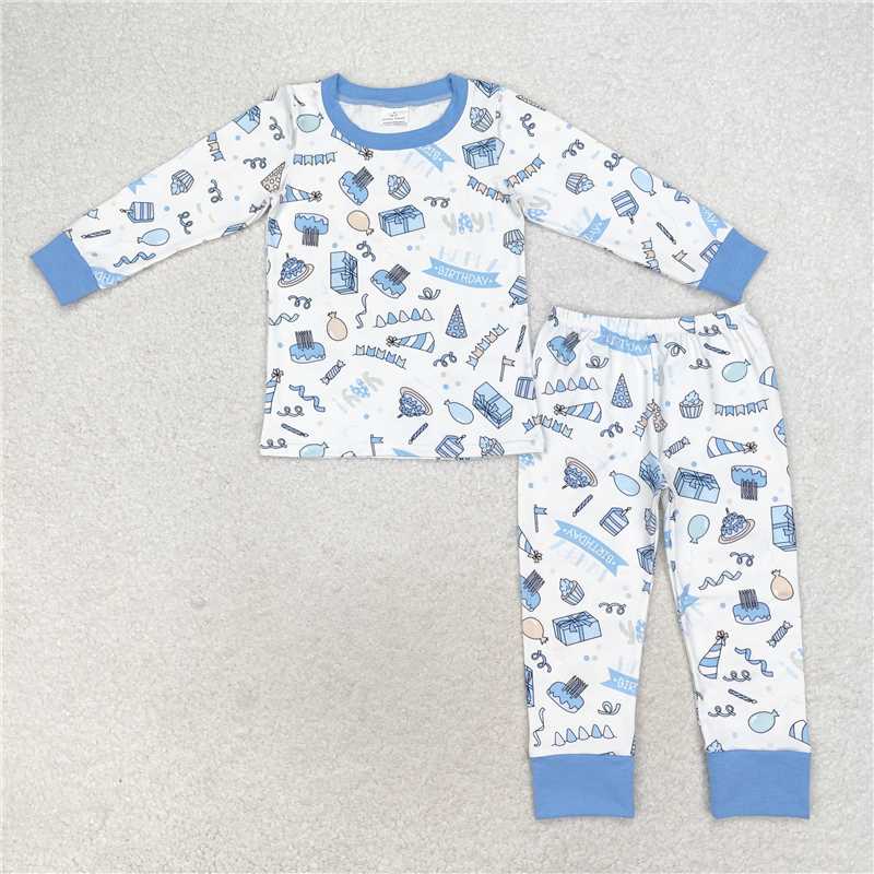 BLP0470 Baby Boys Birthday Blue Shirt Pants Pajamas Clothes Sets