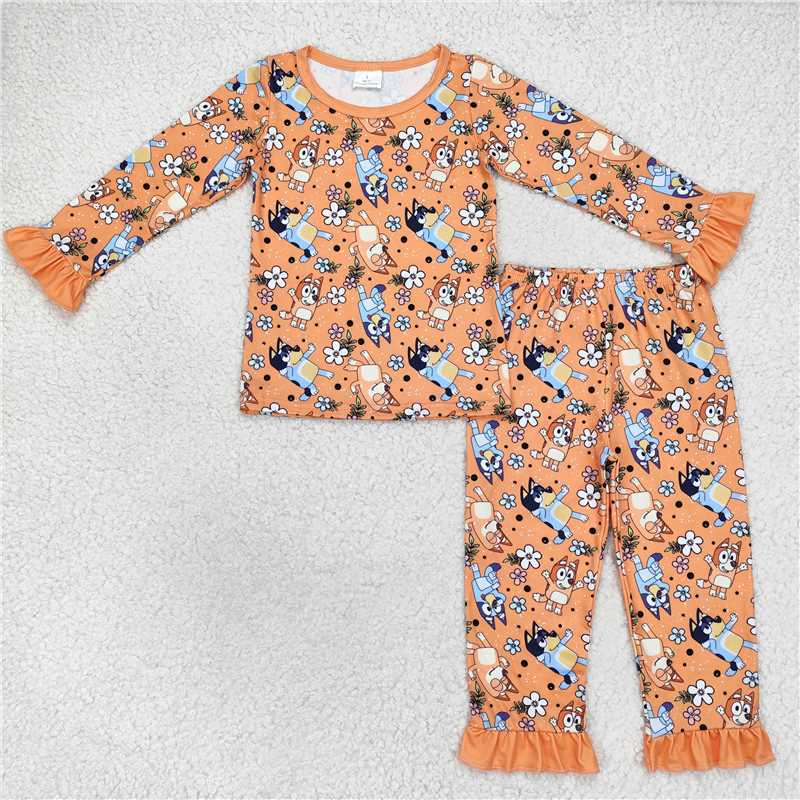 GLP1184 Baby Girls Dogs Flowers Top Pants Pajamas Clothes Sets