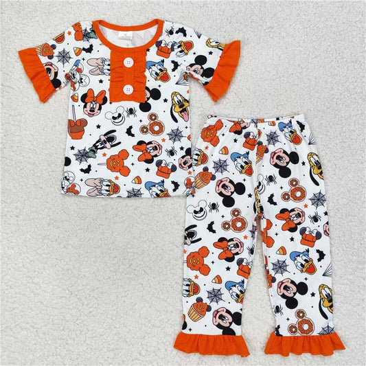 RTS NO MOQ Baby Girls Summer Kids Sets GSPO1552 Halloween Mouse Short Sleeve Tee Shirt Pants Pajamas Clothes Sets