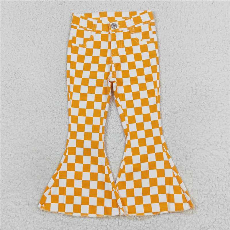 RTS NO MOQ Baby Girls Pants P0468 Orange Checkered Bell Flare Denim Jeans