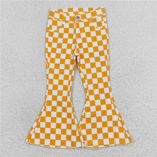 RTS NO MOQ Baby Girls Pants P0468 Orange Checkered Bell Flare Denim Jeans