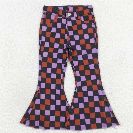RTS NO MOQ Baby Girls Pants P0471 Halloween Checkered Bell Flare Denim Jeans
