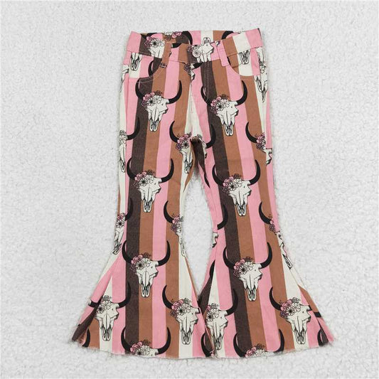 RTS NO MOQ Baby Girls Pants P0437 Aztec Western Cow Stripe Skull Bell Flare Denim Jeans