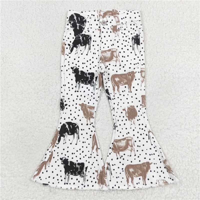 RTS NO MOQ Baby Girls Pants P0452 Polka Dots Western Cows Bell Flare Denim Jeans