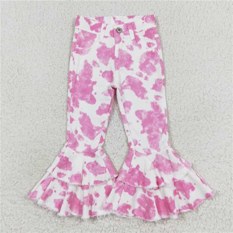 RTS NO MOQ Baby Girls Pants P0406 Pink Cow Double Ruffle Bell Flare Denim Jeans